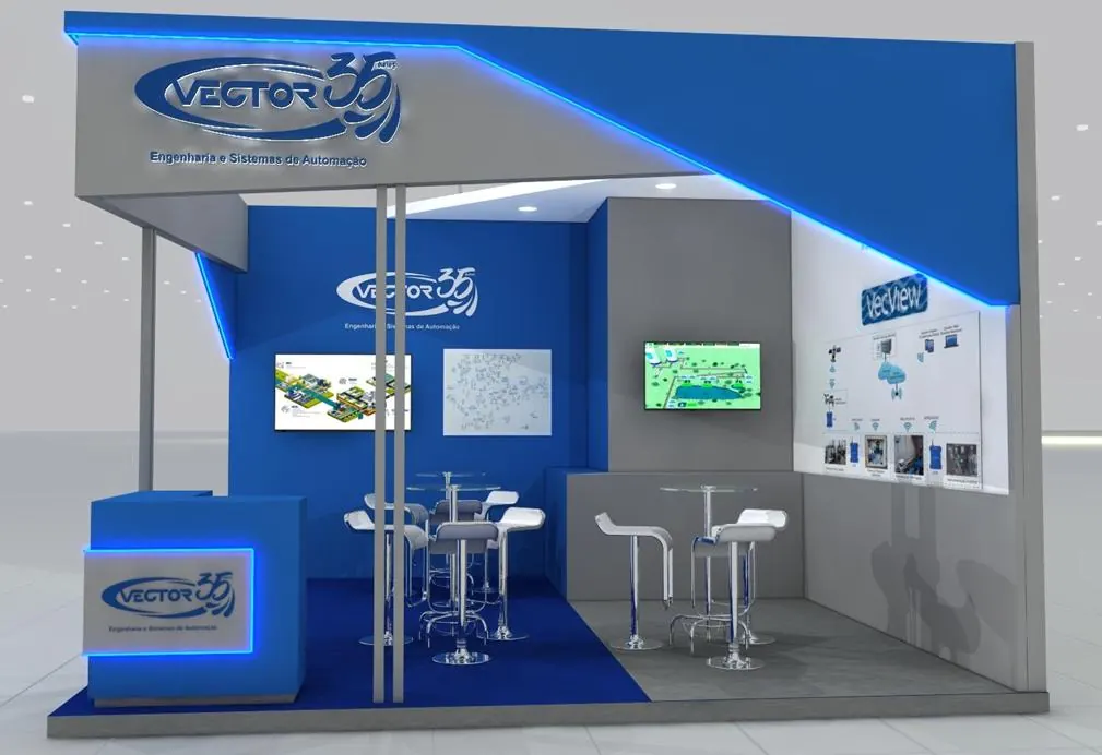 Equipe da VECTOR atendendo visitantes no estande durante a feira.